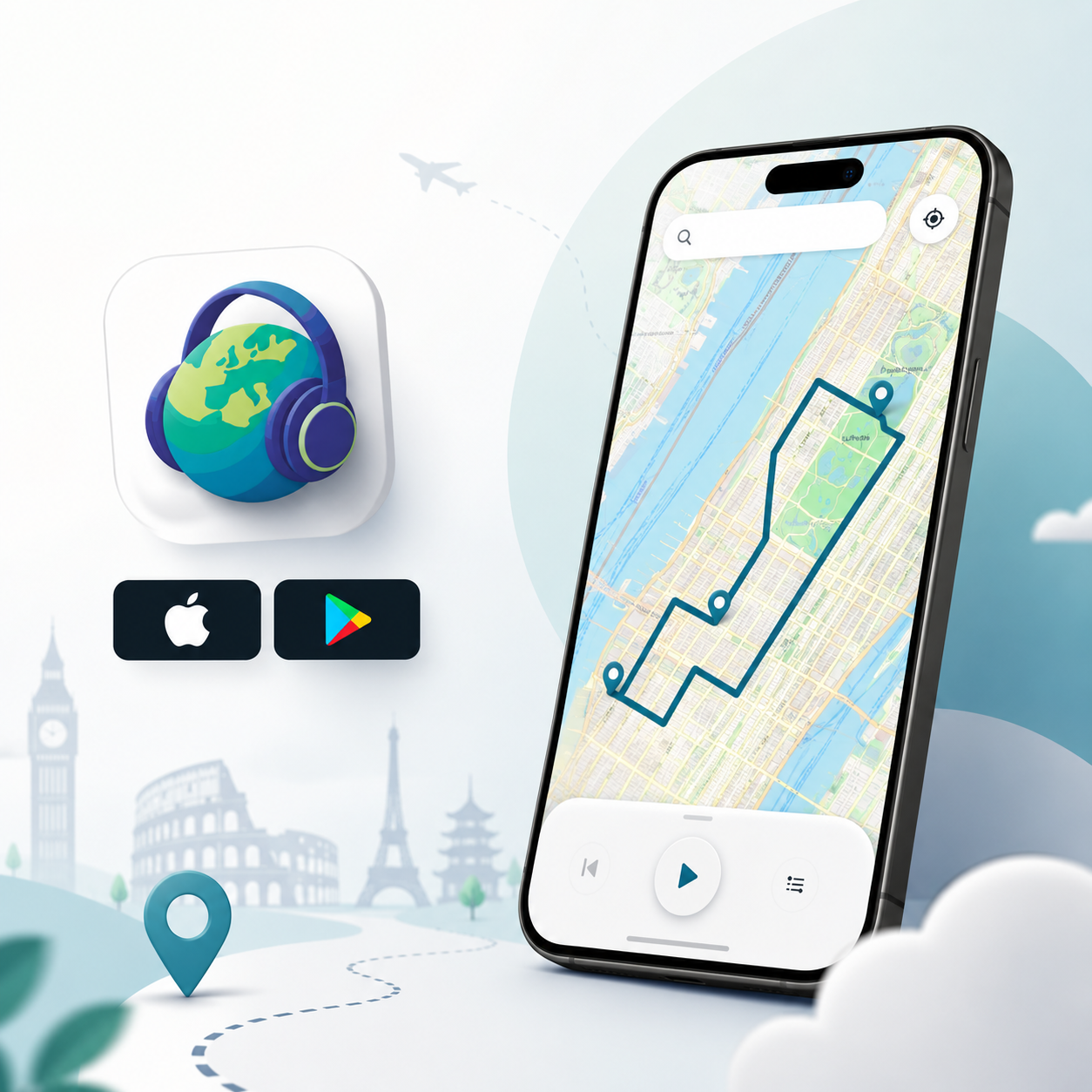Worldbummlr app showing city routes and audio guide screens